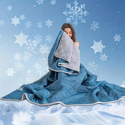 TEMU 1pc Reversible Cooling Summer Quilt For Adults - Lightweight, Machine Washable, Satin Fabric With Geometric Pattern, Home Or Office Use, Blue Image