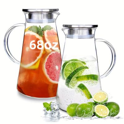 TEMU 2pcs Glass Pitcher With Lid, 2 Quart (68 Oz/2 Liter) Leak Proof, Glass Water Jugs, Bpafree, Microwave & Dishwasher Safe Pitcher, Sun & Iced Tea, , Cold Brew Image