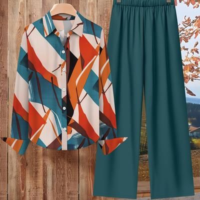 TEMU Women's Casual Suit Geometric Print Lapel Long-sleeved Shirt And Solid Color Pocket Wide-leg Pants Two-piece Set Image