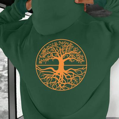 TEMU Tree Of Men's Plus Size Hoodie - Black Casual Sweatshirt With Vibrant Orange Design, Loose Fit, Long Sleeve, Polyester Knit Fabric, Casual Wear Hoodie | Vibrant Print Hoodie | Polyester Hoodie Image