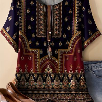 TEMU Plus Size Bohemian Printed T-shirt For Women - Casual & Comfortable Round Neck Short Sleeve Tee With Intricate Golden & Burgundy Pattern, Polyester Blend, Summer Style, Plus Size Tshirts Image