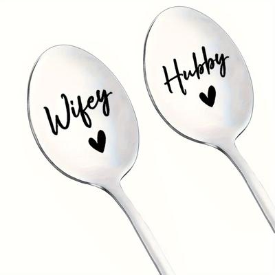 "TEMU Pair Of "mr. & Mrs." Engraved Stainless Steel Coffee Spoons With Heart Detail - Mirror Polished, Long-handled - Ideal For Wedding Anniversary, Valentine's Day Gifts For Couples" Image