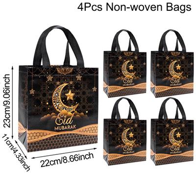 TEMU 4/8pcs Tote Bags With Handles, Black Golden Pattern Ramadan Kareem Reusable Gift Bag Non-woven Bags, Ramadan Decorations 2025 For Party Supplies Eid Al-fitr Gifts Image