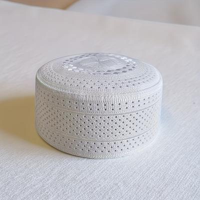 TEMU 1pc Traditional Kufi Cap For Men - White Embroidered Skull Design, Breathable & Comfortable Headwear For And Worship, Polyester, Hand Washable, Ethnic Styl Image