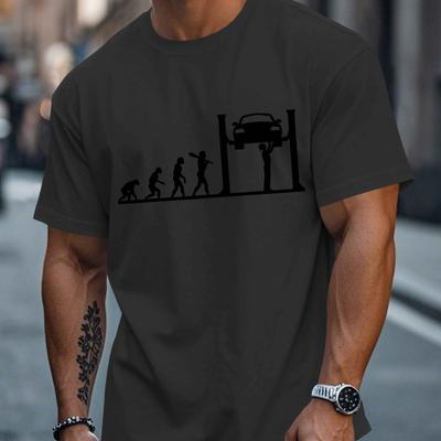 TEMU Men's Casual Summer T-shirt - Evolution Of Auto Mechanics Graphic, Short Sleeve Crewneck, 100% Polyester, Machine Washable, Lightweight & Breathable For Casual Attire Image