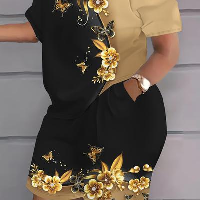 TEMU Plus Size Women's 3d Printed Floral Pattern Short-sleeve Round Neck T-shirt With Pocket Shorts Two-piece Set. Image