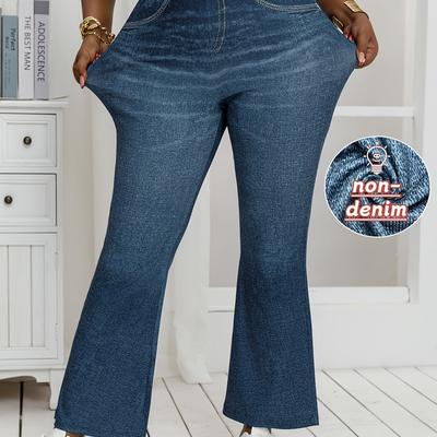 TEMU Plus Size Women's High-waisted Stretchy Denim Flared Pants - Relaxed Fit Wide-leg Bell Bottoms With All-, Machine Washable Casual Trousers For Casual Attire Image