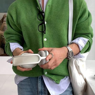 TEMU Men's Casual Knit Cardigan Sweater - Solid Color Long Sleeve Button Front, Regular Fit Round Neck Pullover For Autumn Winter, Versatile Layering Piece For Jeans & Dress Pants, Comfortable Texture Image