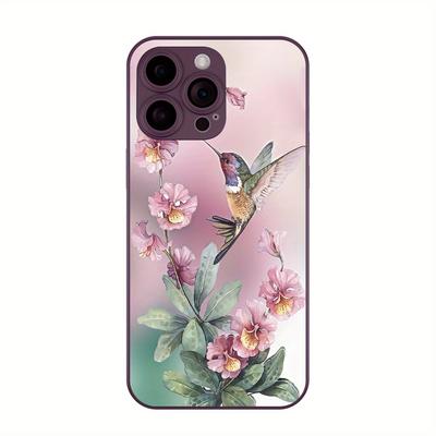 TEMU Hummingbird And Floral Pattern Tempered Glass Protective Phone Case For Iphone 15 Pro Max To 7 Plus - Full Camera Coverage, Shatter-resistant Elegant Cover Image