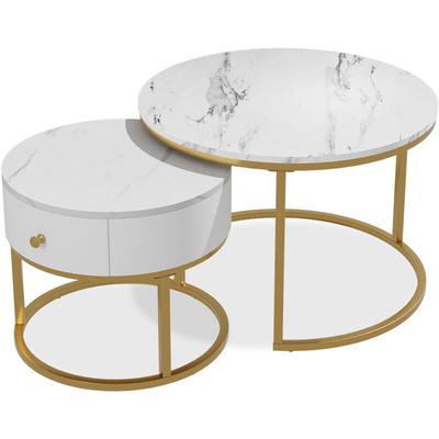 Couchtisch-Set Madrid, Marmor Weiß, 70 x 70 cm , kleiner Tisch mit Schublade, Vicco Image