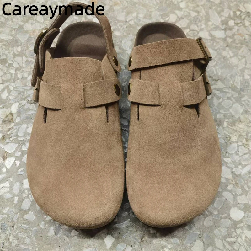 Careaymade-Damenschuhe aus echtem Leder mit breiterer Zehenpartie, große Boken-Schuhe, Kork-Sandalen aus Wildleder, Retro-Slipper mit flachem Boden aus Leder