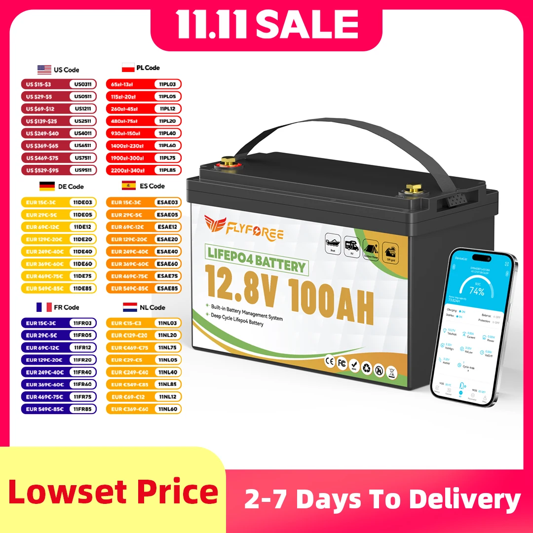 FLLYROWER 12V 100Ah LiFePO4 Lithium-Akku BMS100A für Wechselrichter Solar Off-Road Off-Grid Solarenergie 8000+ Zyklen Batterie Image