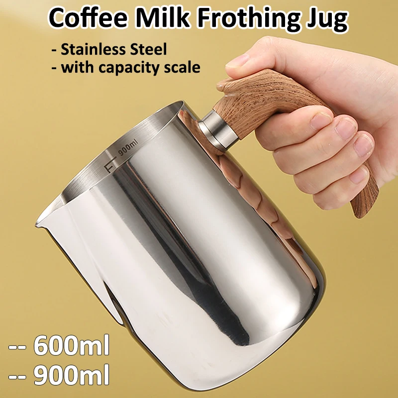 600/900ML Edelstahl Milchaufschäumer Krug Latte Kaffeetasse mit Holzgriff Espresso Tasse Krug Barista Werkzeug Kaffee zubehör Image