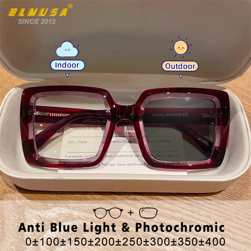 BLMUSA Quadratische photochrome blaues Licht blockierende Brillen mit großem Rahmen, modische Lesebrille für Damen, verschreibungspflichtige Myopie-Brille Image