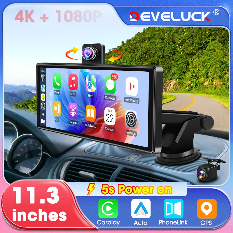 11,3-Zoll-4K-Dashcam mit CarPlay und Android Auto, drehbarer Linse, GPS-Navigation, FM/AUX, Rückfahrkamera und Videoaufzeichnung​ Image