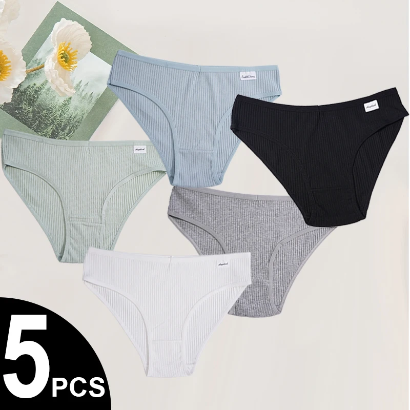5 Stück Damen-Unterwäsche mit niedriger Taille – weiche, elastische Hüftunterwäsche mit gestrickten Details, atmungsaktive Baumwollmischung, Größe S-XXL Image
