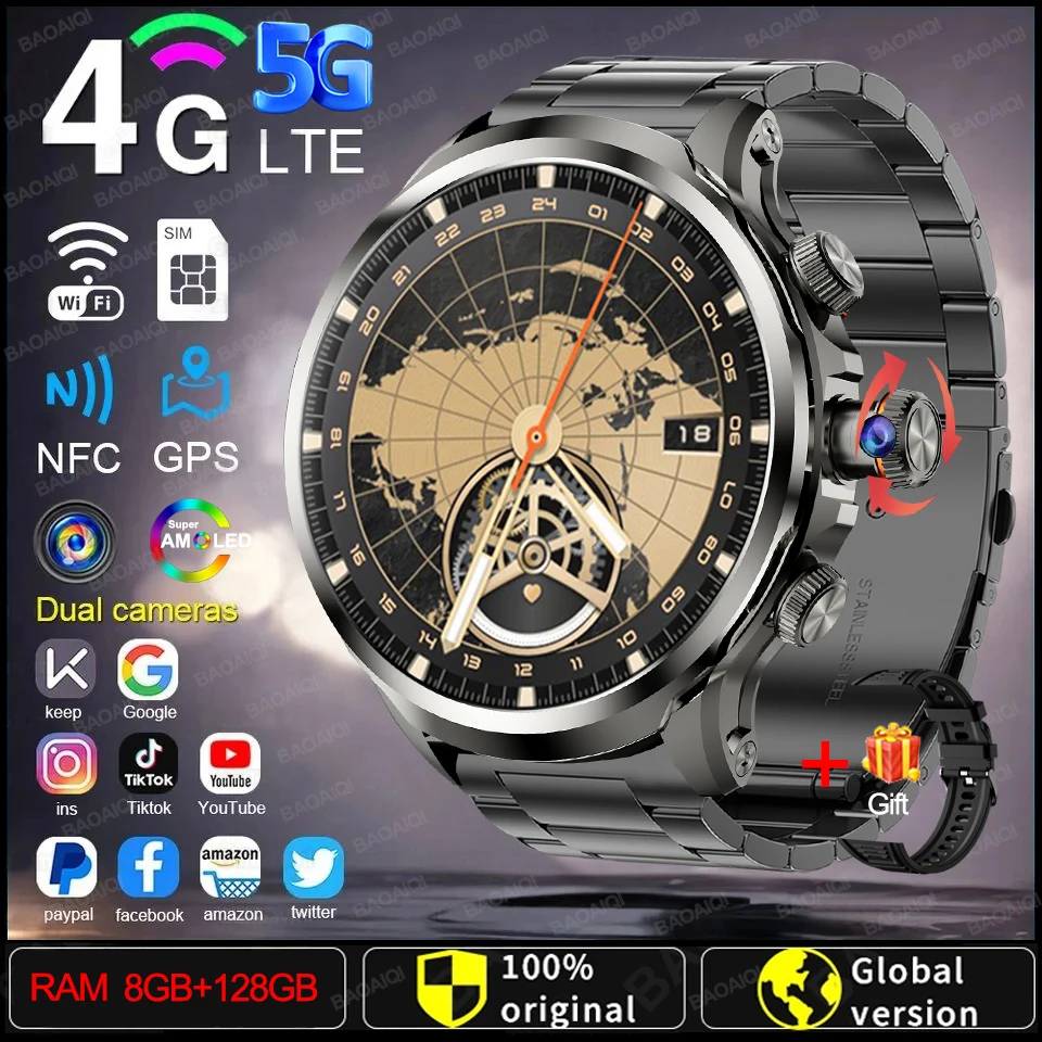 Montre connectée GPS 5G/4G, 1.95 pouces, AMOLED, batterie 1880mah, 8 go + 128 go de RAM, caméra 900W, WIFI, Google APP, téléchargement, Android 9.0