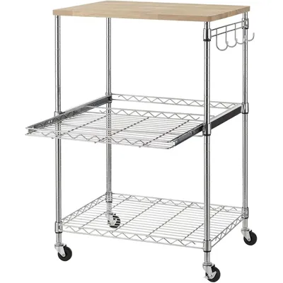 Finnhomy 3-Tier Rolling Kitchen Cart, Microwave Cart with Oak Wood Tabletop and Drawer Slider,