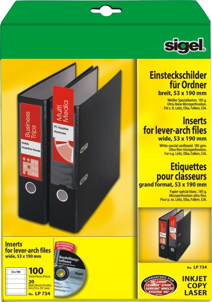 Sigel PC-Einsteckschilder für Ordner 53x190 A4 185g/qm breit weiß VE=10x100 Stück Image