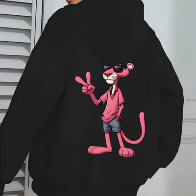TEMU Women's Pink Panther & Scissorhands Graphic Print Hoodie - Black Casual Long Sleeve Sweatshirt With Front Pocket, Drawstring Hood, Machine Washable Urban Streetwear For Spring & Fall, Image