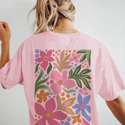"TEMU Women's Casual Short Sleeve Crew Neck T-shirt - Drop Shoulder Relaxed Fit With Vibrant Floral & " Path" Graphic Print, Lightweight Spring Summer Top, Machine Washable, Print Tee, Comfortable Tee" Image