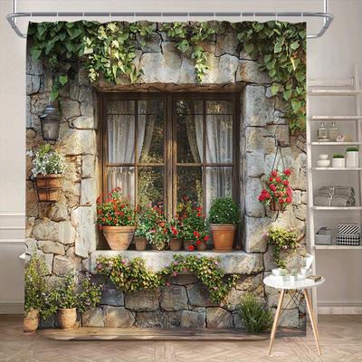TEMU 1pc Rustic Stone Window Terracotta Flowers Shower Curtain - Blooming Red & Pink In European Village Scene, Durable Polyester Fabric, 70x70 Inches With 12 Hooks, Machine Washable Bathroom Decor Image