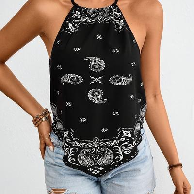 TEMU Women' Paisley Print Halter Neck Top - Middle Eastern-inspired Summer Blouse, Lightweight Machine-washable Resort Wear For Beach Vacations & Casual , Vacation Clothing, Nontransparent Fabric Image