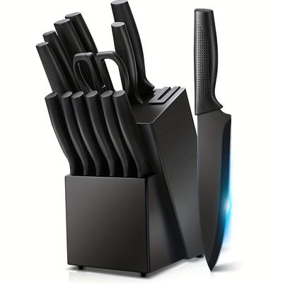 TEMU Knife Set, 14pcs Black Knife Set With Built-in Sharpener Block, Sharp Knife Block Set, Anti-slip Knife Handle, Chef Knife, Bread Knife, 6pcs Steak Knives, Kitchen Gadgets Gifts For Mom Or Dad Image