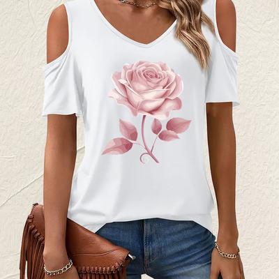 TEMU Women's Off-shoulder Deep V-neck T-shirt With Heart Graphic Print - Casual Short Sleeve Top, Machine Washable & Versatile For All , Ladies T Shirts, Casual Attire, Outfit, Comfortable Fabric Image