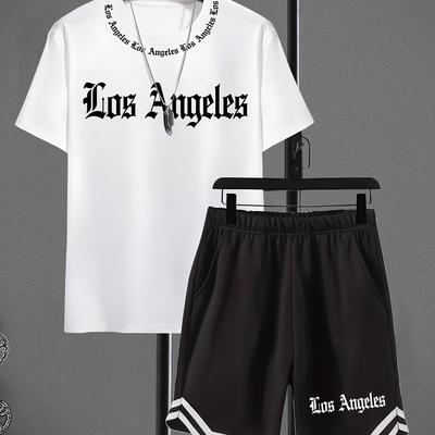 TEMU Los Angeles Graphic Tee & Ribbed Shorts Set - Casual, Stretchy Fabric, Crew Neck, Regular Fit For Teen Boys - Ideal For Spring/summer Outdoor Activities, Spring Fashion|urban Style|for Outdoor Image