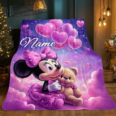 TEMU Customizable Mouse Flannel Blanket - Lightweight, Warm, And Cozy For Sofa, Bed, Travel, Or Office - Pink With Heart Balloons And Teddy , Allseasons Blanket | Fantasy Themed | Soft Polyester Image