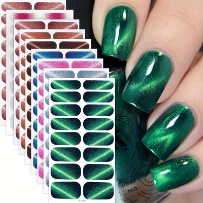 TEMU 9 Sheets Glitter Gel Nail Stickers - Green Cat's Cover Self-adhesive Nail Wraps, No Curing Needed, Use Nail Art For Women & S, Spring Strips With , Nail Stickers For Nails Image