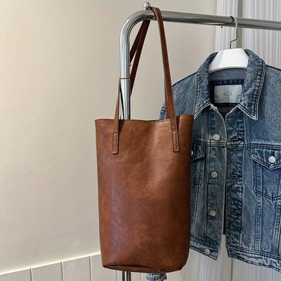 TEMU Women's Retro Bucket Bag - Large Capacity Single Shoulder Tote With Magnetic Closure, Elegant For Commuting & Casual (, Light Brown, Dark Brown, Black), Everyday Carryall, Smooth Texture Finish Image