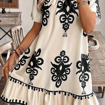TEMU Women's Elegant Paisley Print Pencil Dress - & Black Fabric With Lace Trim Hem, Machine Washable Versatile Wear, Office Dress, Round Neckline, Nontransparent Material Image