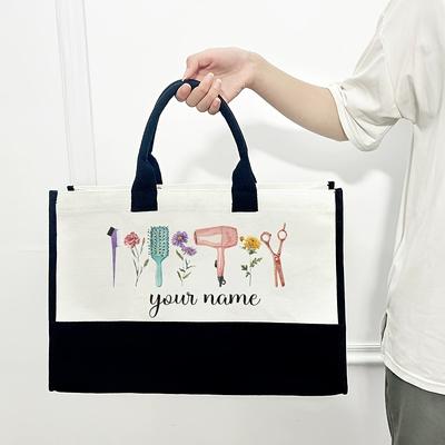 TEMU Personalized Hairstylist Beautician Gift Tote Bag - Custom Name & Tools , Durable Beach Bag For Women, Spacious Commuter Travel Handbag (white/black), Hair Stylist Travel Bag, Sturdy Handles Image