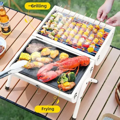 Foldable Barbecue Grill Outdoor Portable Charcoal Grill Mini Smoker Two Side Carbon for Travel Backyard Picnic Beach
