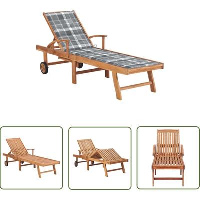 The Living Store - Sonnenliege mit Auflage Graues Karomuster Massivholz Teak - Holz Liege Image