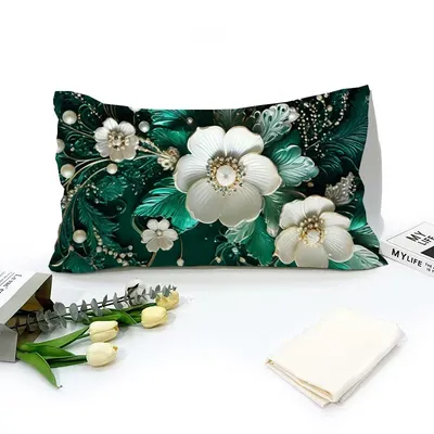 Grüner Kissenbezug mit Blumenmuster und Perlen für ein stilvolles Bett, Schlafzimmer, Wohnzimmer, Image