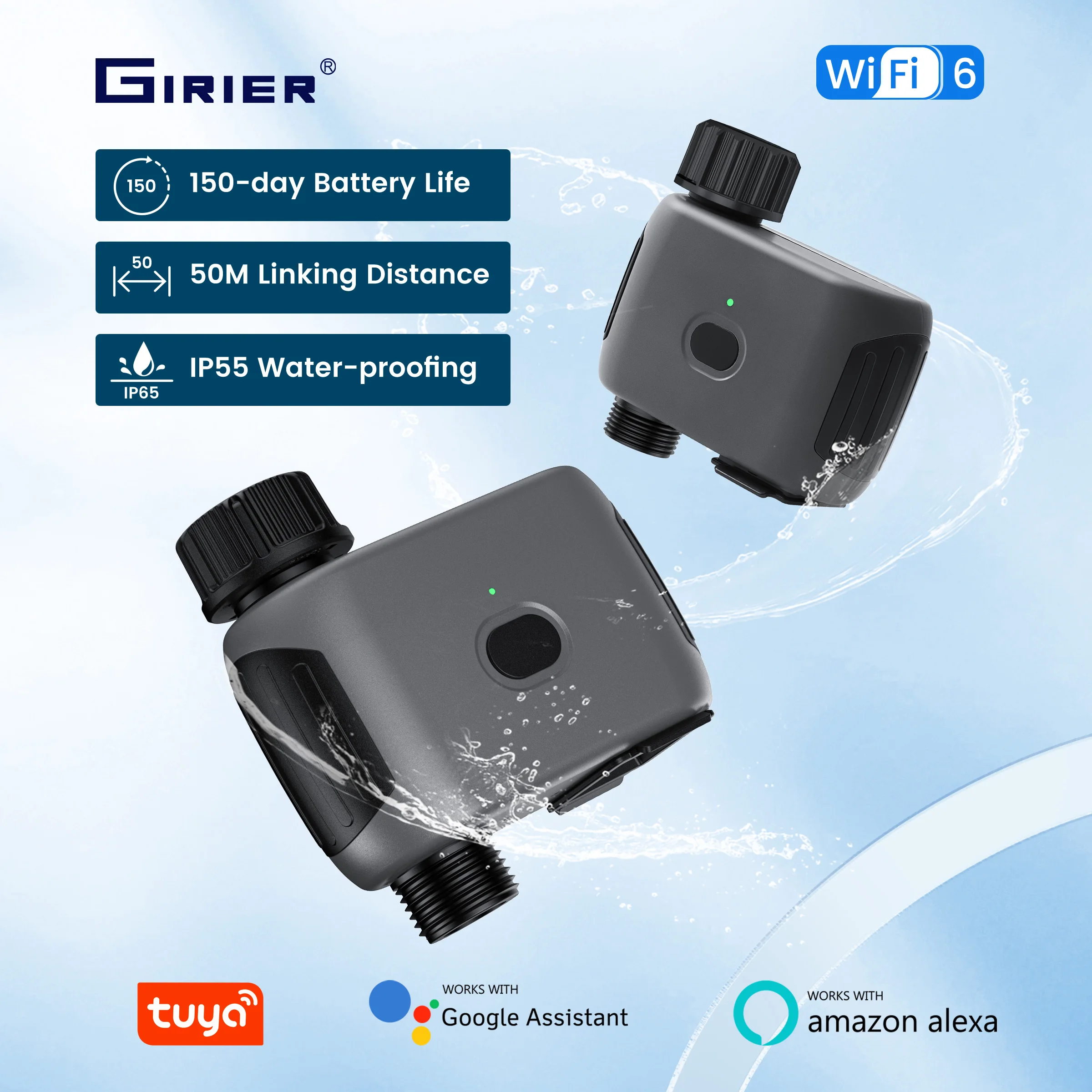 GIRIER Tuya Smart Water Timer WiFi Sprinkler Timer für Garten-Tropfbewässerungssystem Kein Hub erforderlich Funktioniert mit Alexa Hey Google Image