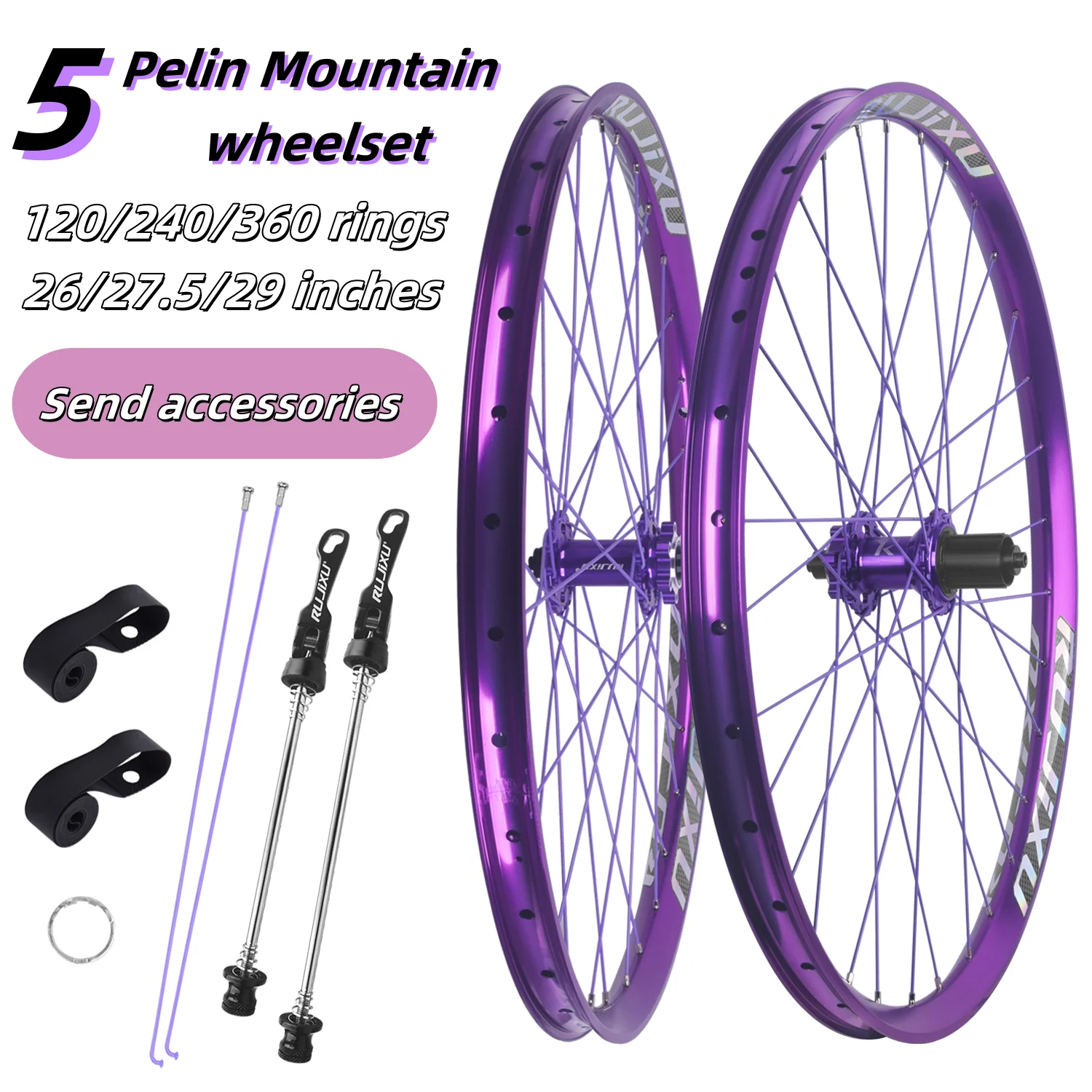 RUJIXU Lila Nabe Lila Speichen Mountainbike-Laufradsatz 26 27,5 29 Zoll Aluminiumlegierungsfelge Mountainbike-Scheibenbremsräder
