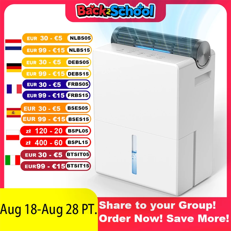 Luftentfeuchter 2000 ml für Schlafzimmer, Doppelhalte-Design, Trockenmodus, Schlafmodus 30 dB, intelligente automatische Abtaufunktion, 24-Stunden-Timer Image