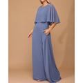 Elegantes minimalistisches A-Linie Cape Hochzeitskleid für die Mutter der Braut Bootsausschnitt Bodenlang Chiffon Halbe Ärmel