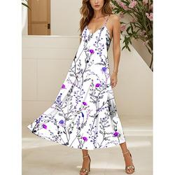 Elegantes Maxi-Kleid für Damen - A-Linie Sommer-Überwurfkleid lässig mit Blumenmotiv ärmellos V-Ausschnitt Spaghetti-Träger Urlaub