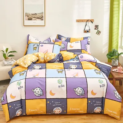 100% Cotton Cute Planet Duvet Cover Kids Boys Space Rocket Bedding Set, Cartoon Universe Plaid