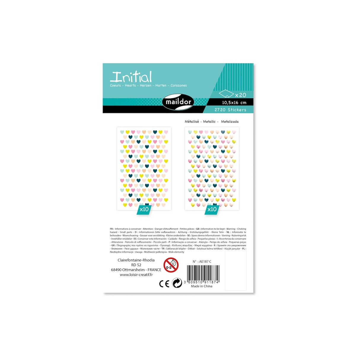 Maildor Initial, 20 Stickerbogen 10,5x16cm, Kleine Herzen, Metallic-Pastell - Mehrfarbig AE187C Image