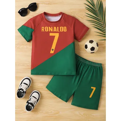 2025 Summer New Children's Red and Green Splicing No.7 Quick drying Sports Football Set