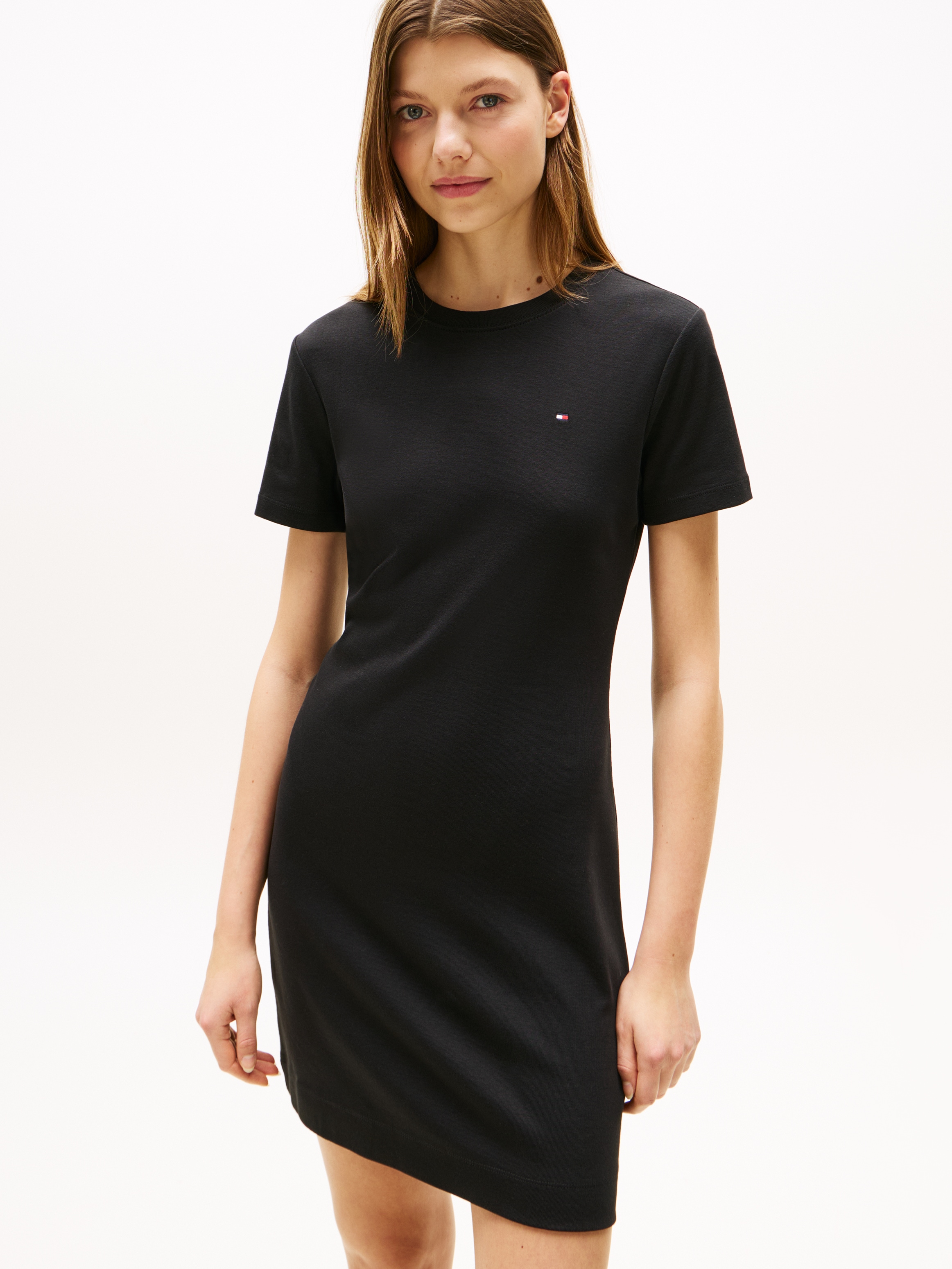 Shirtkleid TOMMY HILFIGER "NEW CODY STR SLIM SHORT DRS SS", Damen, Gr. M (38), N-Gr, schwarz, Jersey, Obermaterial: 100% Baumwolle, unifarben, slim fit, Rundhals, Kleider, mit allover Streifendessin, Logo-Flag Image
