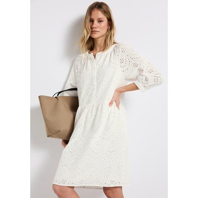 Midikleid STREET ONE, Damen, Gr. 42, N-Gr, weiß (sanftes weiß), Web, Obermaterial: 100% Baumwolle, unifarben, casual, lässig geschnitten kniefrei, Rundhals, 3/4-Ärmel, Kleider, mit Lockstickerei Image