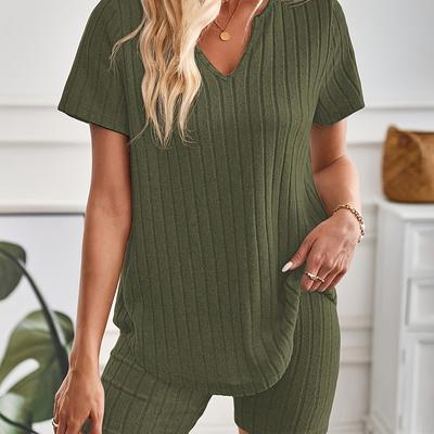 TEMU Elegant Directional Women' Color V-neck Short Sleeve Ribbed Casual Top And Shorts Set, 2pcs. Image