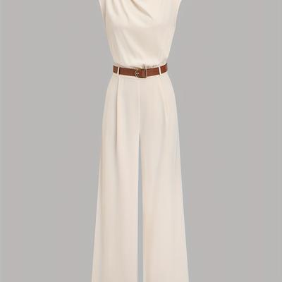 TEMU Chic High-neck Solid Color Ruched Jumpsuit With Waist Cincher - Sleek, Versatile & Elegant Retro Style For Everyday Image